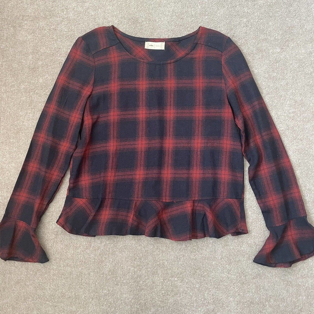 Altar'd State Shirt Womens Medium Navy Blue Red Plaid Bell Sleeve Ruffle Hem Top